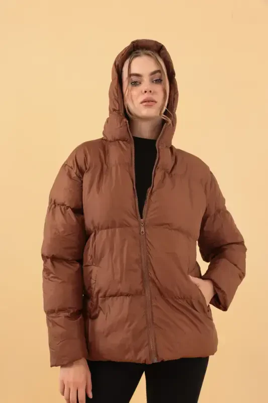 Women's Brown Hooded Puffer Jacket-Brown - 5