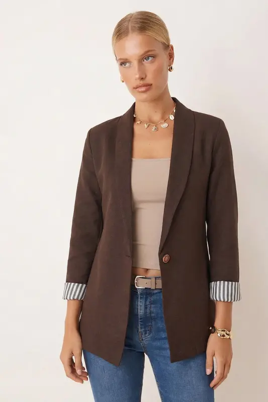 Women's Brown Inner Sleeve Striped Single Button Jacket ARM-22K001122 - Brown - 2