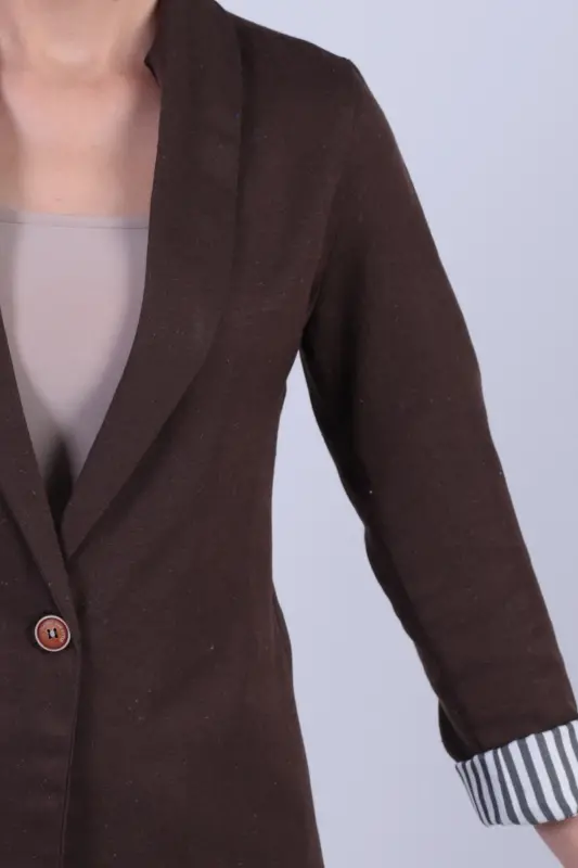 Women's Brown Inner Sleeve Striped Single Button Jacket ARM-22K001122 - Brown - 5