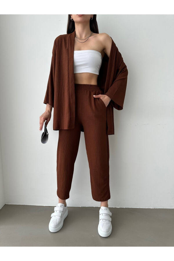 Women's Brown Kimono Pants Knit Set - 6