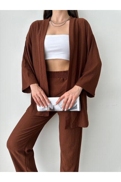 Women's Brown Kimono Pants Knit Set - 7