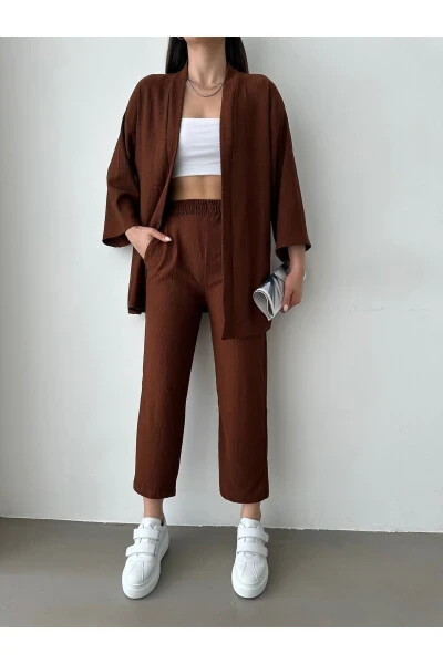 Women's Brown Kimono Pants Knit Set - 3