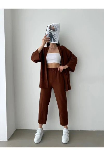 Women's Brown Kimono Pants Knit Set - 4