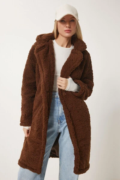 Women's Brown Layered Collar Plush Coat Brand ZH00 - HAPPINESS İSTANBUL