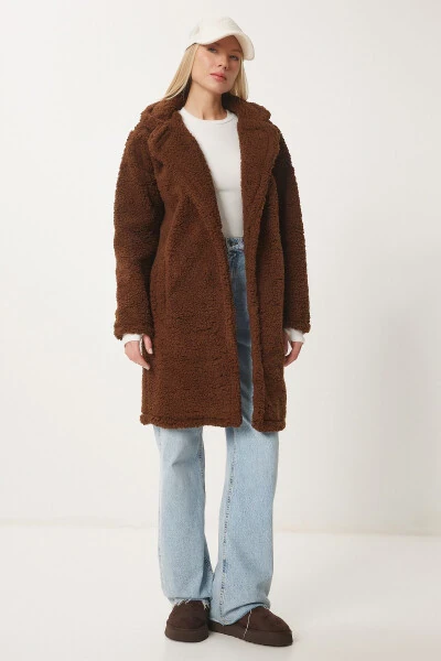 Women's Brown Layered Collar Plush Coat Brand ZH00 - HAPPINESS İSTANBUL (1)