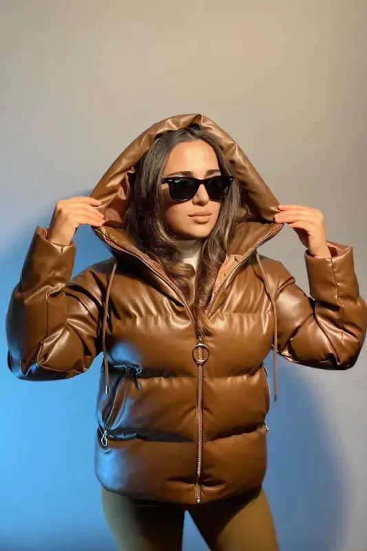Women's Brown Leather Hooded Puffer Jacket-Brown - 1