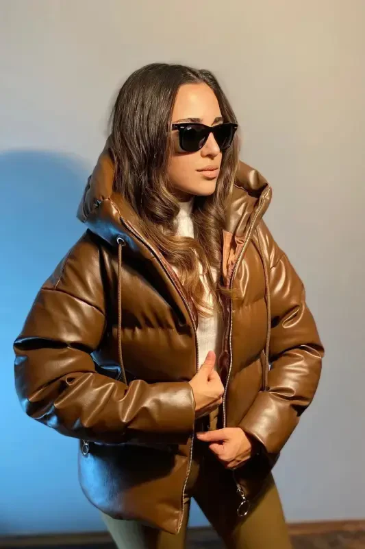 Women's Brown Leather Hooded Puffer Jacket-Brown - 2