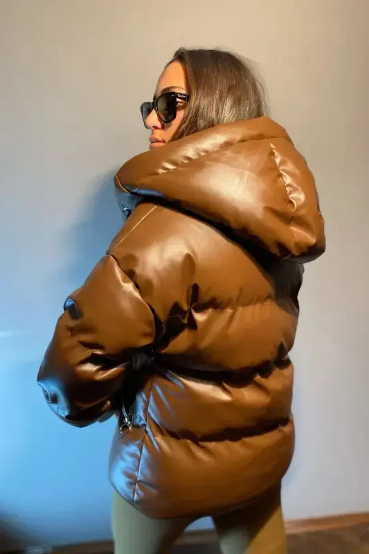 Women's Brown Leather Hooded Puffer Jacket-Brown - 4