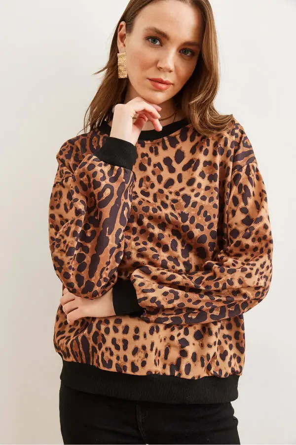 Women's Brown Leopard Basic Soft Textured Relaxed Sweatshirt SWT-19000457 - 3