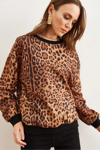 Women's Brown Leopard Basic Soft Textured Relaxed Sweatshirt SWT-19000457 - 4