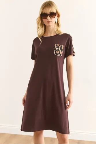 Women's Brown Leopard Trim Crew Neck Dress 