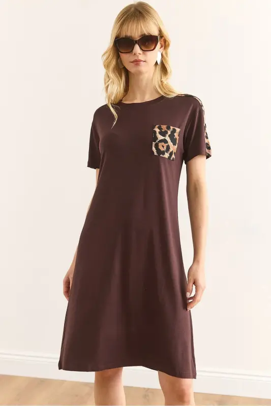 Women's Brown Leopard Trim Crew Neck Dress - 1