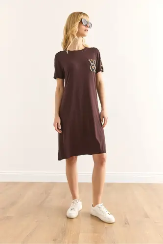 Women's Brown Leopard Trim Crew Neck Dress - OLALOOK (1)
