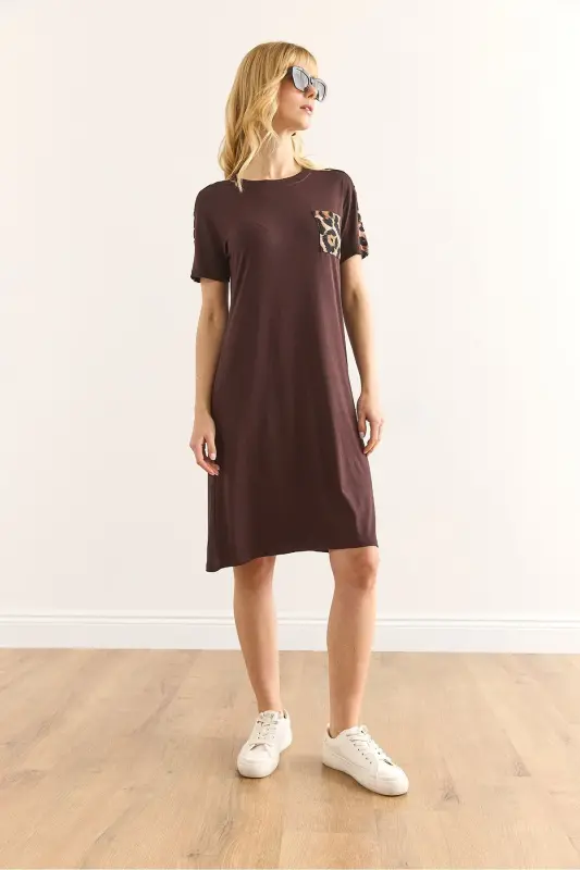 Women's Brown Leopard Trim Crew Neck Dress - 2