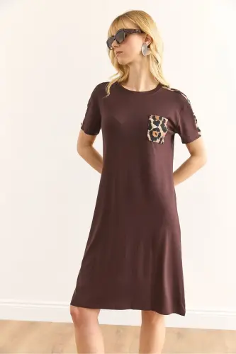 Women's Brown Leopard Trim Crew Neck Dress - 3