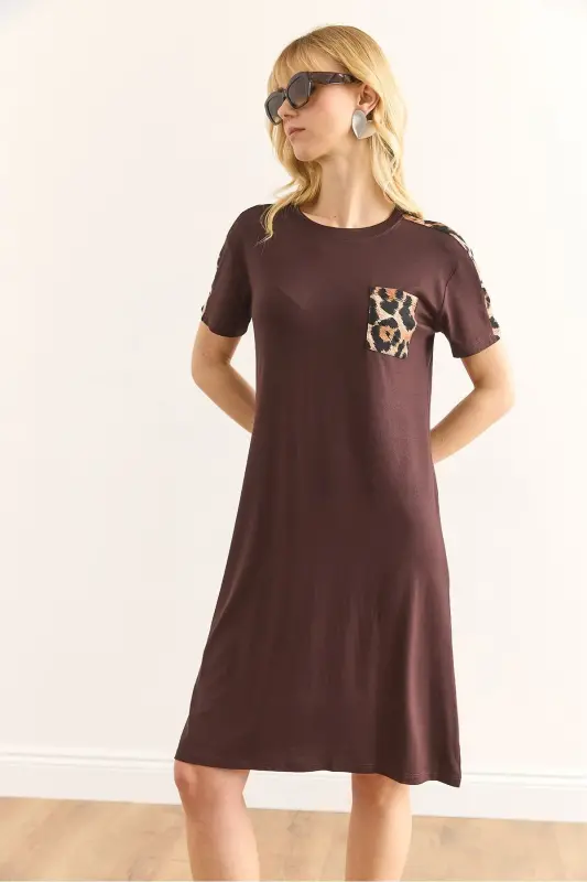 Women's Brown Leopard Trim Crew Neck Dress - 3
