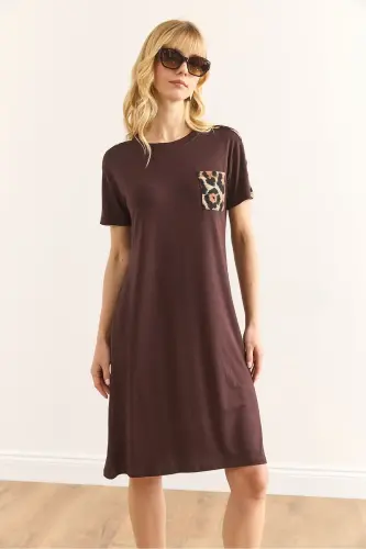 Women's Brown Leopard Trim Crew Neck Dress - 4