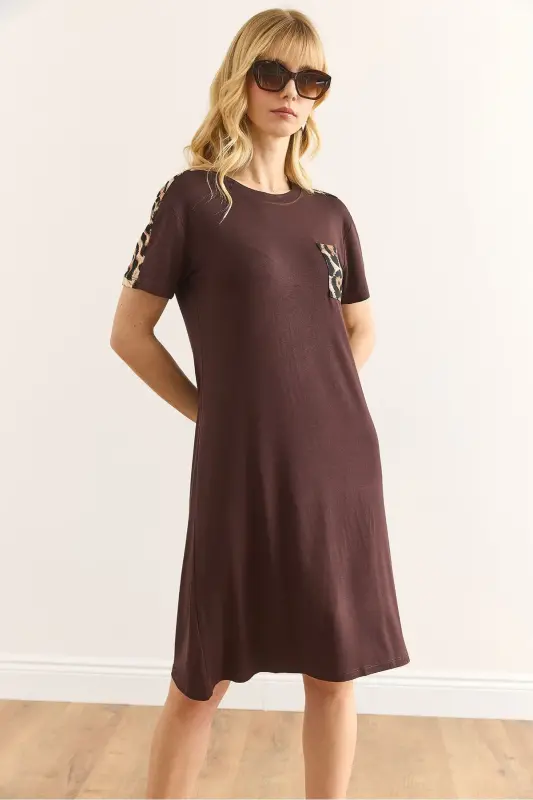 Women's Brown Leopard Trim Crew Neck Dress - 5