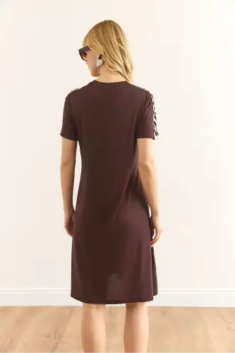 Women's Brown Leopard Trim Crew Neck Dress - 7