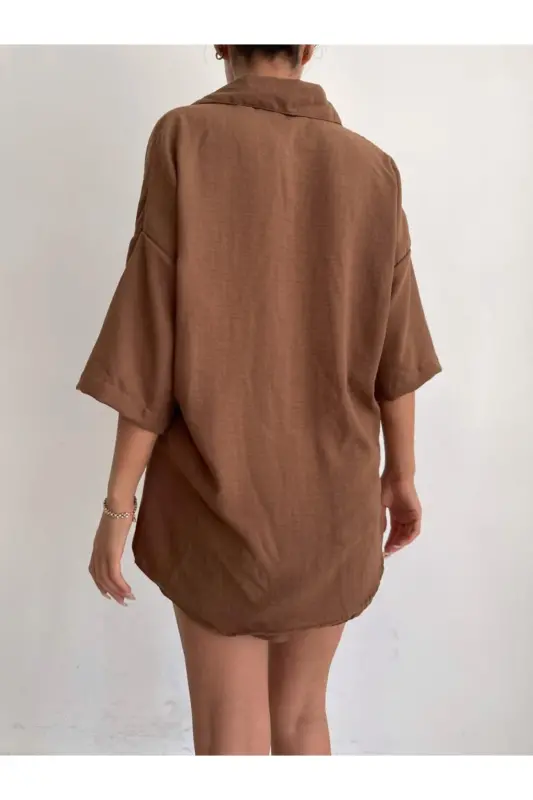 Women's Brown Linen Fabric Oversize Shirt Shorts Set - Brown - 3