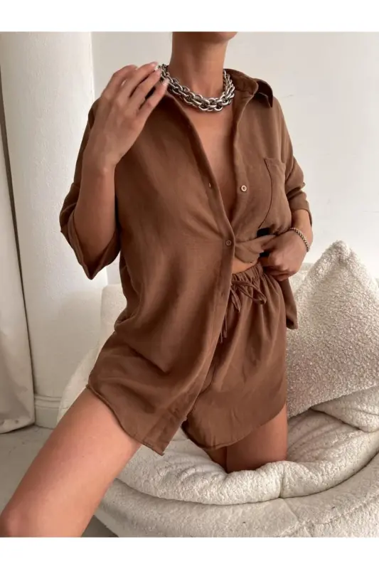 Women's Brown Linen Fabric Oversize Shirt Shorts Set - Brown - 5