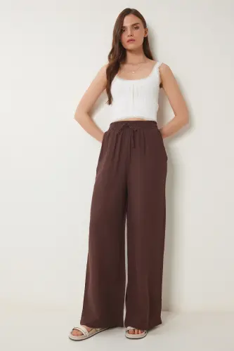 Women's Brown Muslin Palazzo Pants MX00160 - Olive Green - 1