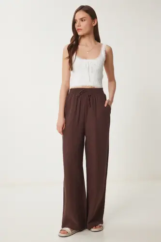 Women's Brown Muslin Palazzo Pants MX00160 - Olive Green - 2
