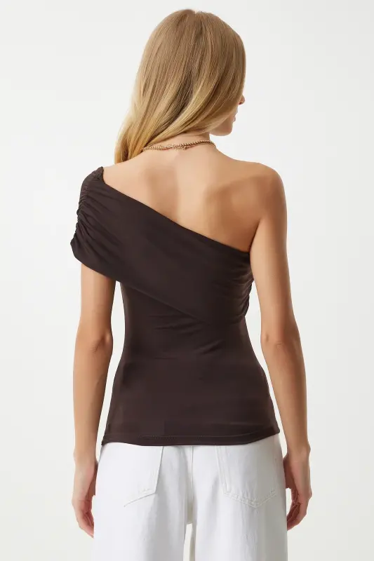Women's Brown One Shoulder Ruched Knitted Blouse DZ00112-Brown - 4