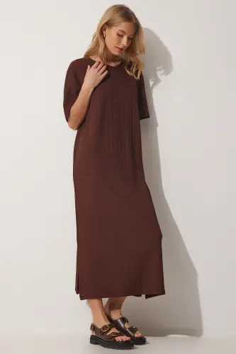Women's Brown Oversize Long Casual Knitted Dress DZ00076-Brown 
