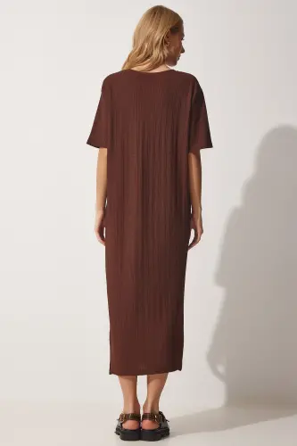 Women's Brown Oversize Long Casual Knitted Dress DZ00076-Brown - 3