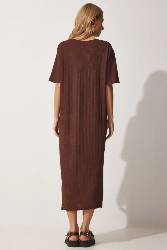 Women's Brown Oversize Long Casual Knitted Dress DZ00076-Brown - 3
