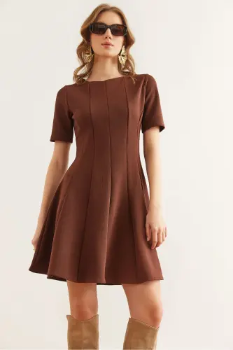 Women's Brown Patchwork Trench Mini Flared Dress EL 