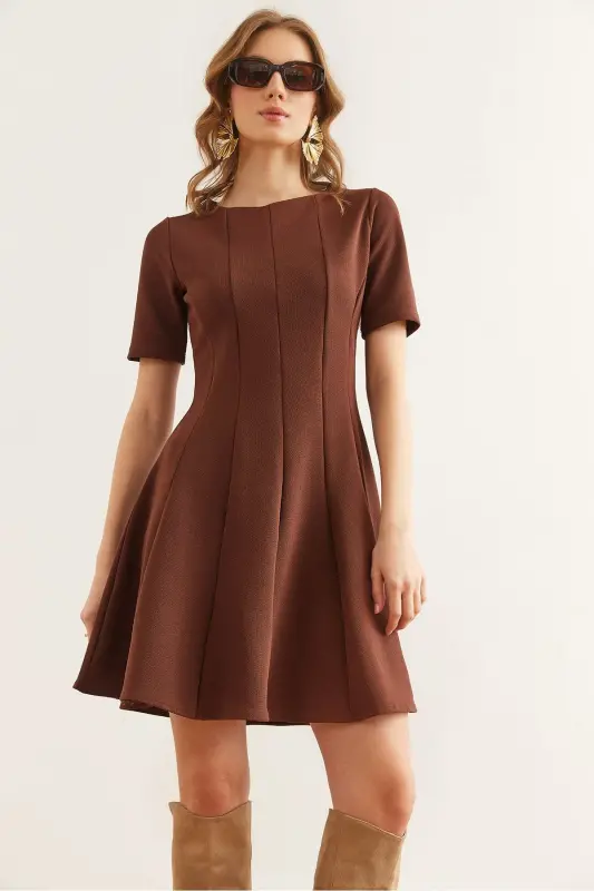 Women's Brown Patchwork Trench Mini Flared Dress EL - OLALOOK