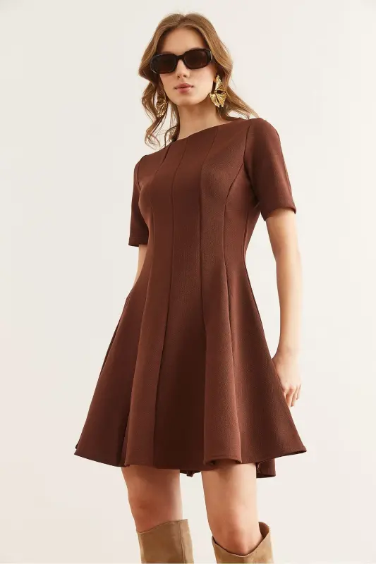 Women's Brown Patchwork Trench Mini Flared Dress EL - 4