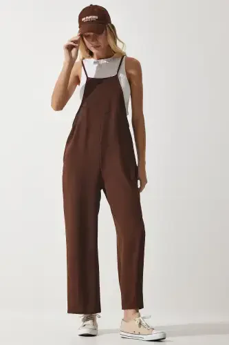 Women's Brown Pocketed Gardener Overalls DD00910-Brown - 1