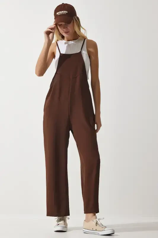 Women's Brown Pocketed Gardener Overalls DD00910-Brown - Modazone