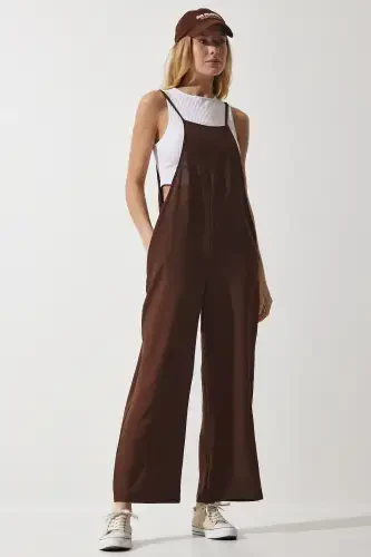Women's Brown Pocketed Gardener Overalls DD00910-Brown - 2