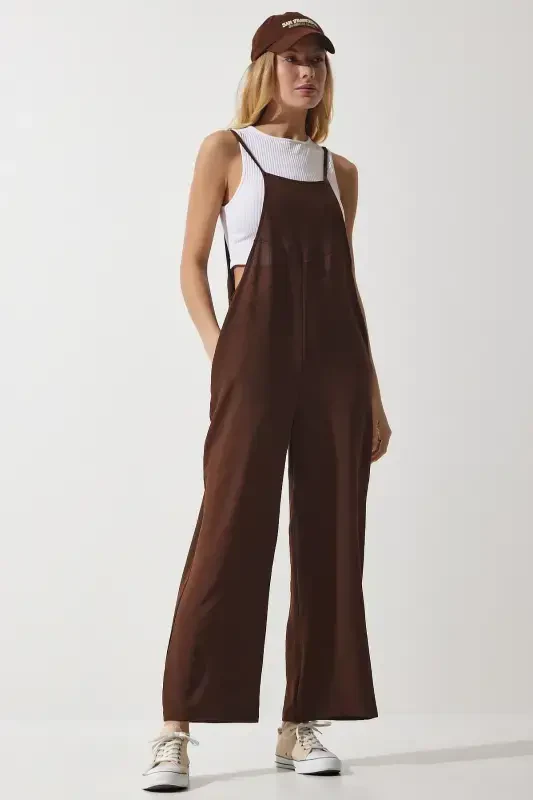 Women's Brown Pocketed Gardener Overalls DD00910-Brown - 2