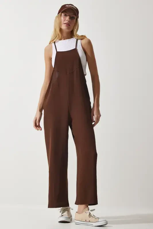 Women's Brown Pocketed Gardener Overalls DD00910-Brown - 3