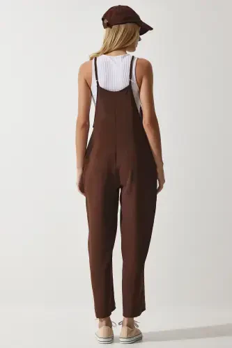 Women's Brown Pocketed Gardener Overalls DD00910-Brown - 5
