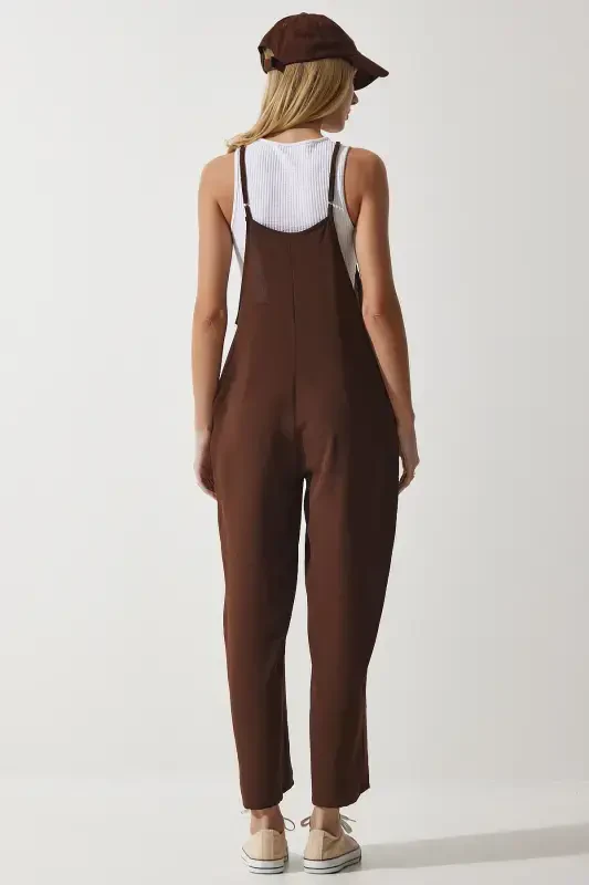 Women's Brown Pocketed Gardener Overalls DD00910-Brown - 5