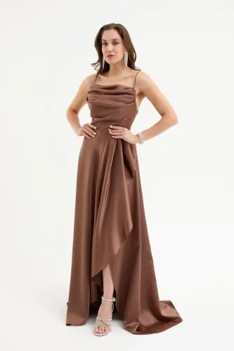 Women's Brown Ruffled Slit Satin Evening & Graduation Dress-Brown - LAFABA (1)