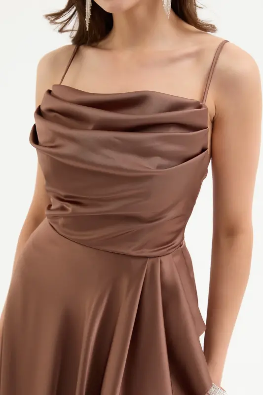 Women's Brown Ruffled Slit Satin Evening & Graduation Dress-Brown - 4