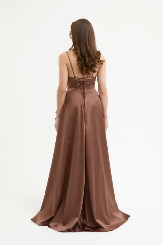 Women's Brown Ruffled Slit Satin Evening & Graduation Dress-Brown - 5