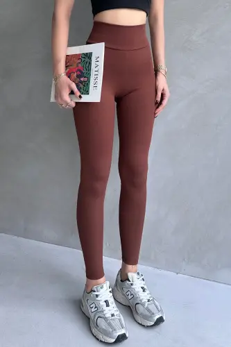 Women's Brown Shaping Ribbed Leggings-Brown 