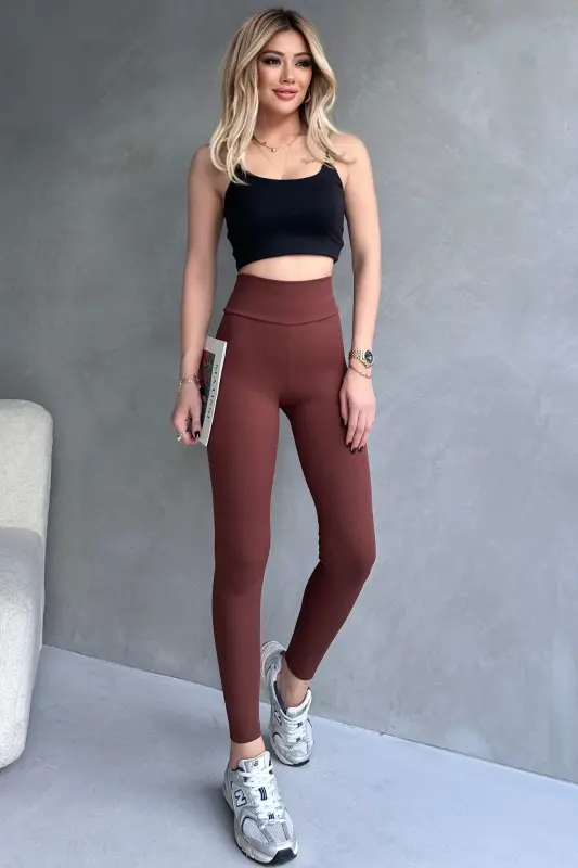 Women's Brown Shaping Ribbed Leggings-Brown - 4