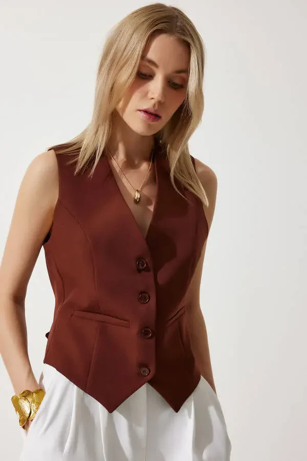 Women's Brown Short Knitted Cardigan Vest TO00048 - 1