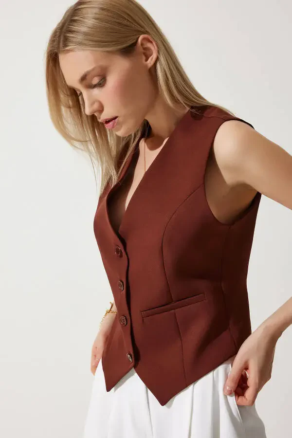 Women's Brown Short Knitted Cardigan Vest TO00048 - 2