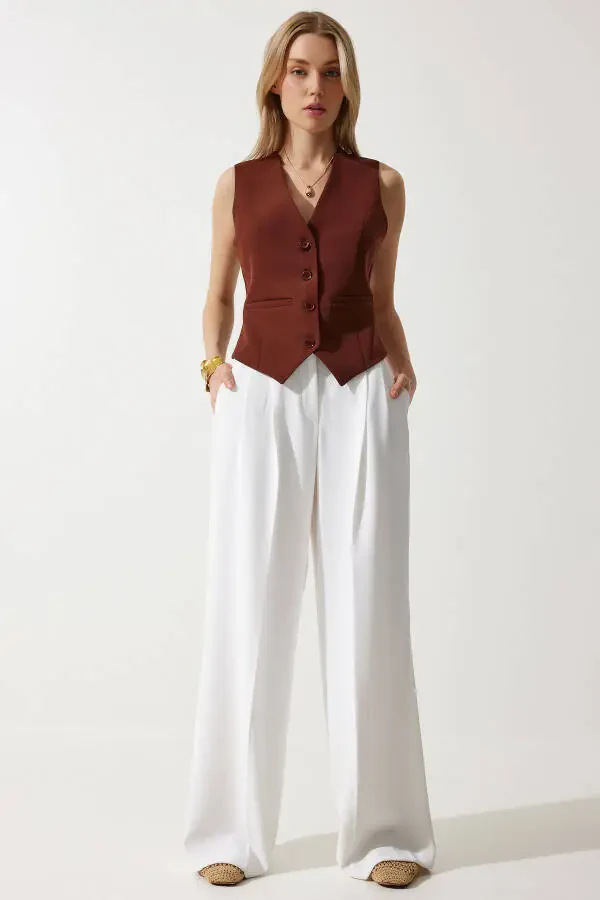 Women's Brown Short Knitted Cardigan Vest TO00048 - 3