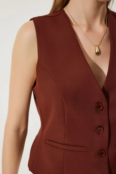 Women's Brown Short Knitted Cardigan Vest TO00048 - 4